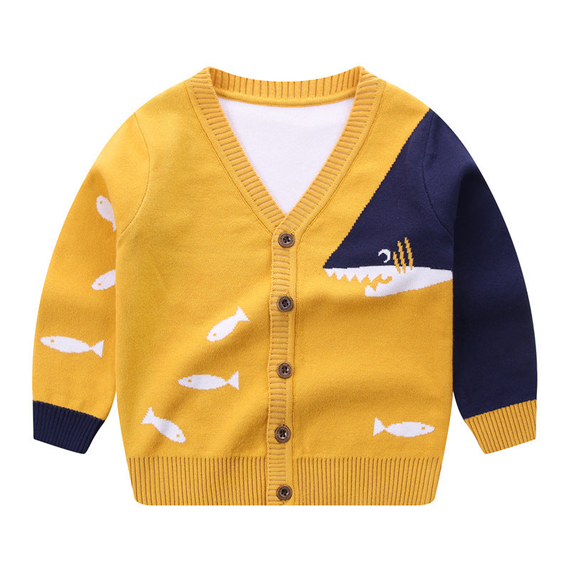 Small fish V-neck single breasted sweater for children