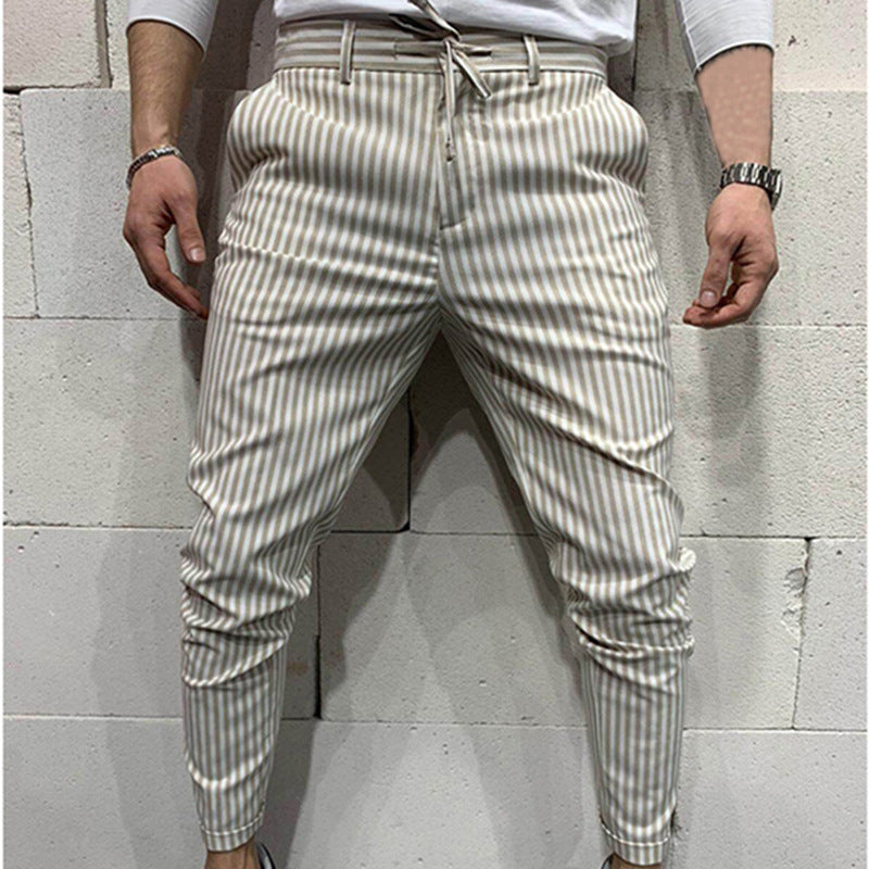 Lace-up solid color striped trousers