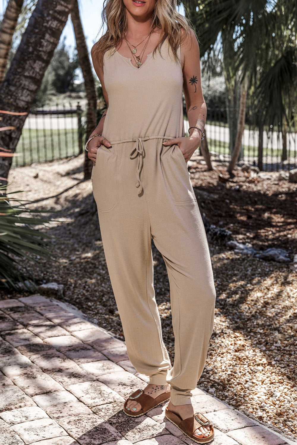 Drawstring Notched Wide Strap Jumpsuit 