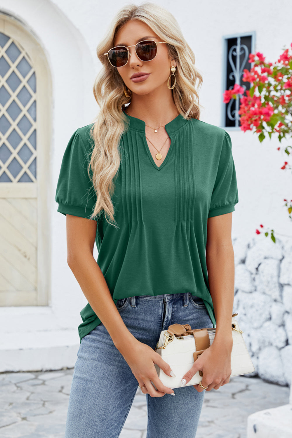 Notched Short Sleeve T-Shirt - Babbazon Camisole