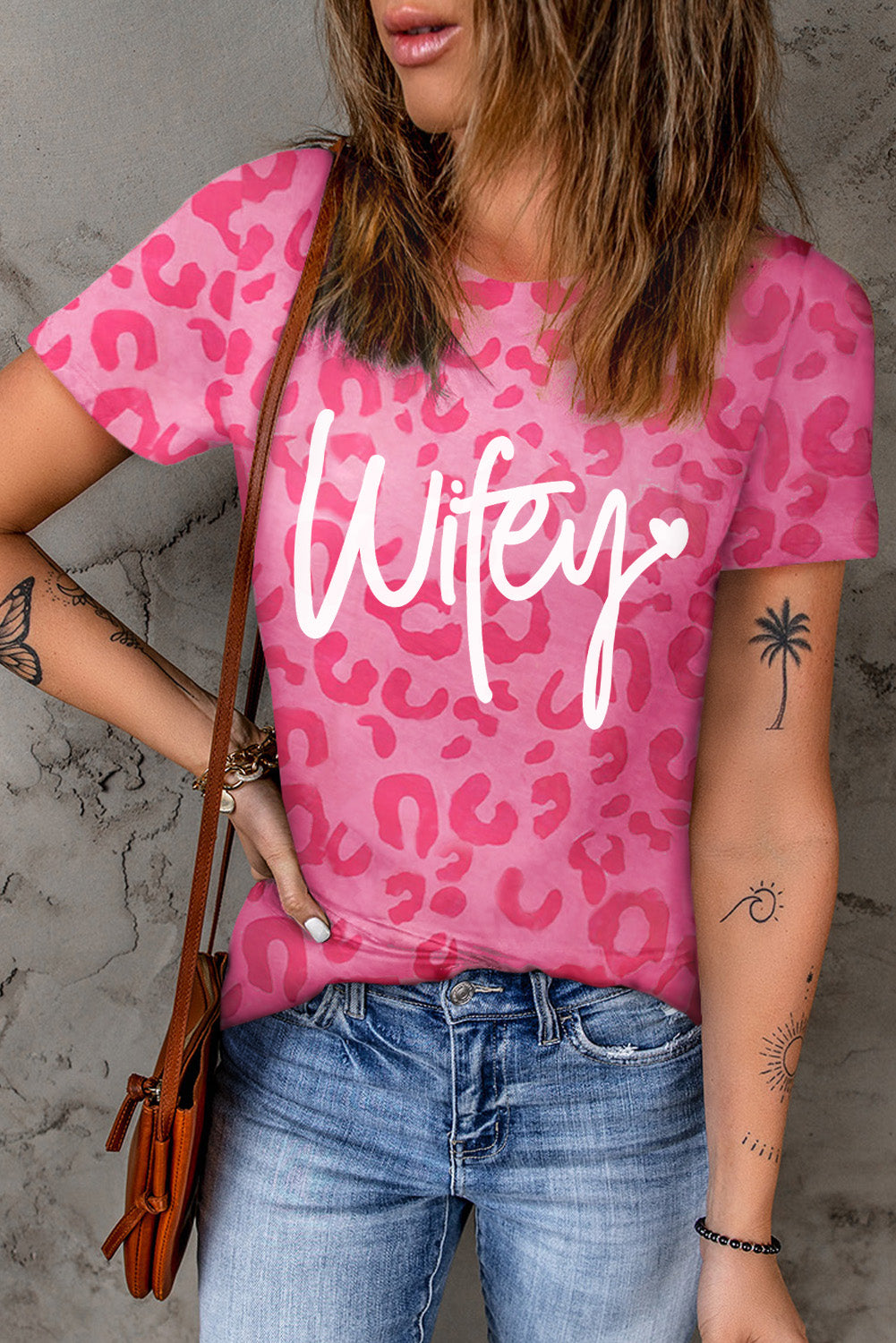 Pink Mothers Day Leopard Wifey Graphic Round Neck T Shirt - Babbazon Graphic Tees