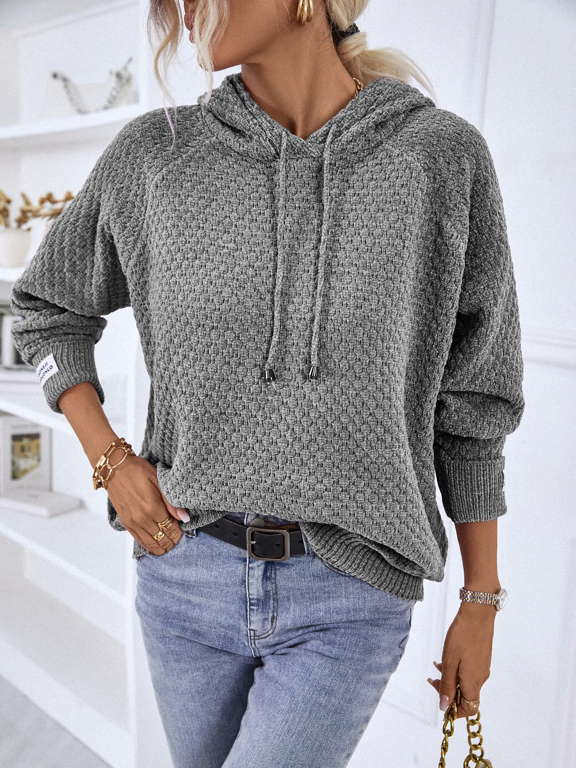 Texture Drawstring Long Sleeve Hooded Sweater - Babbazon new