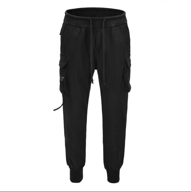 Black autumn and winter thickening fleece three-dimensional pocket streamers Slim  rib threaded restraint pants