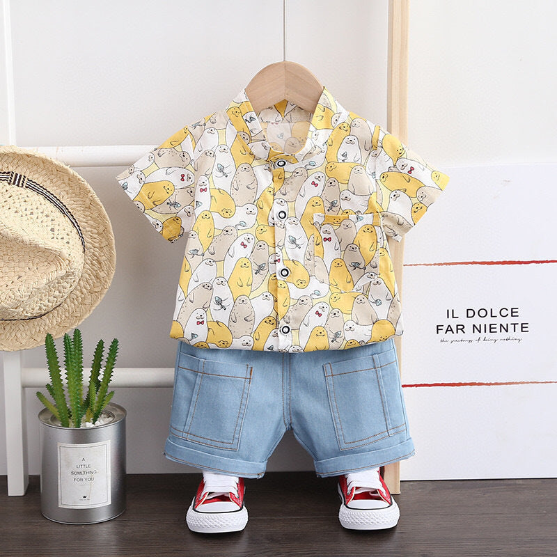 Boys Short-sleeved Suit Summer Shirt Jeans Two-piece Suit