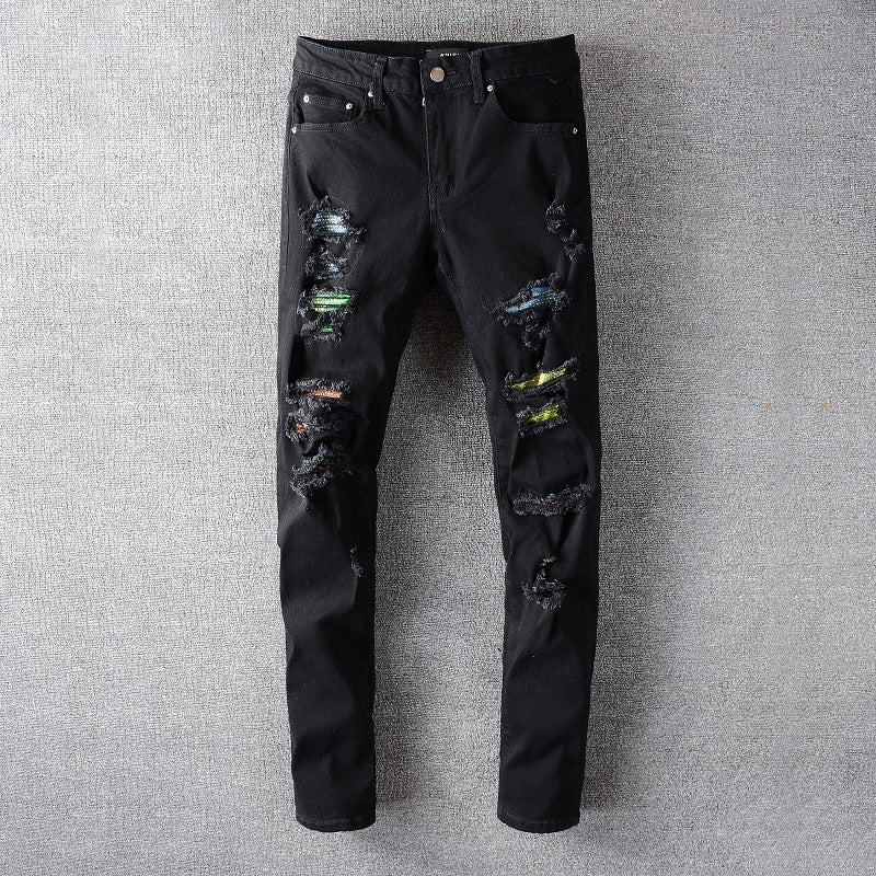 High Street Tide Brand Black Colorful Patches Beggar Pants Slim Feet Denim