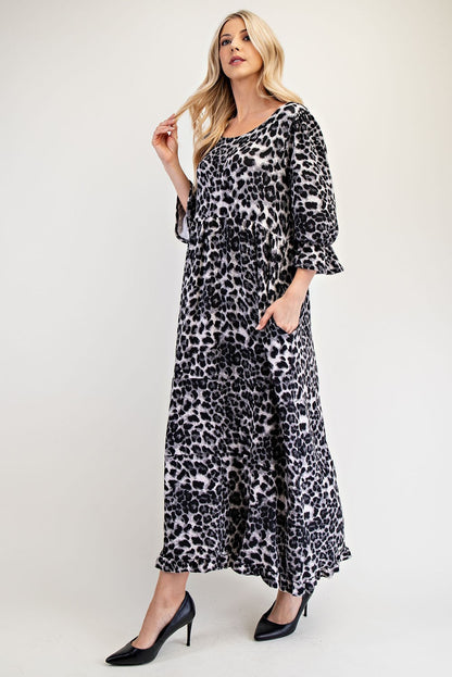 Celeste Full Size Leopard Round Neck Flounce Sleeve Dress