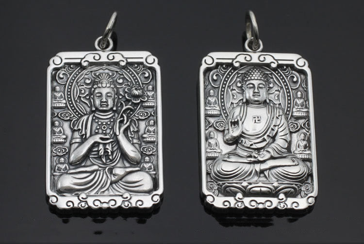 Retro Thai Silver Square Card Personality Pendant Natal Buddha