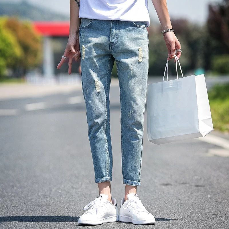 Men's ripped jeans cropped trousers