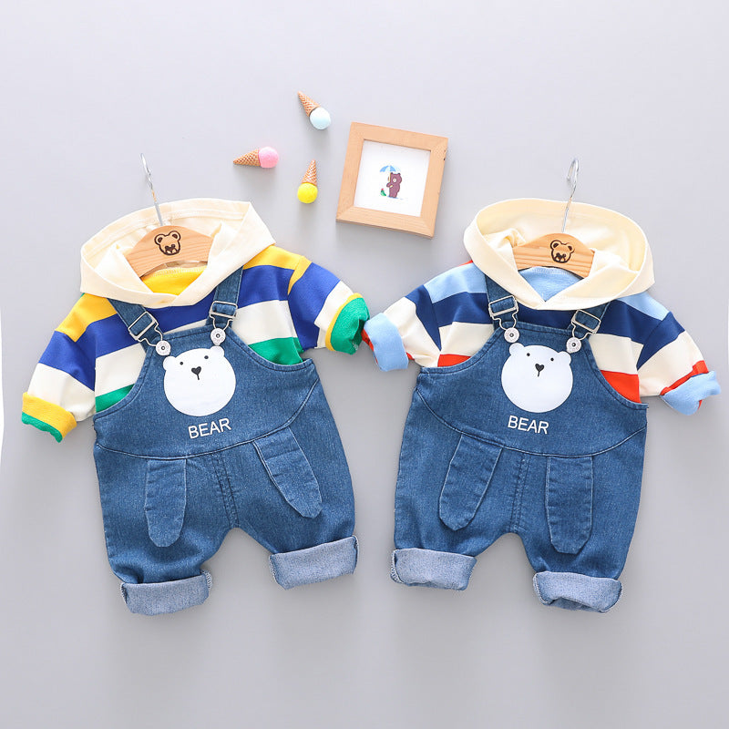 Boys Suit Rainbow Hood Long Sleeved Sweater Denim Overalls