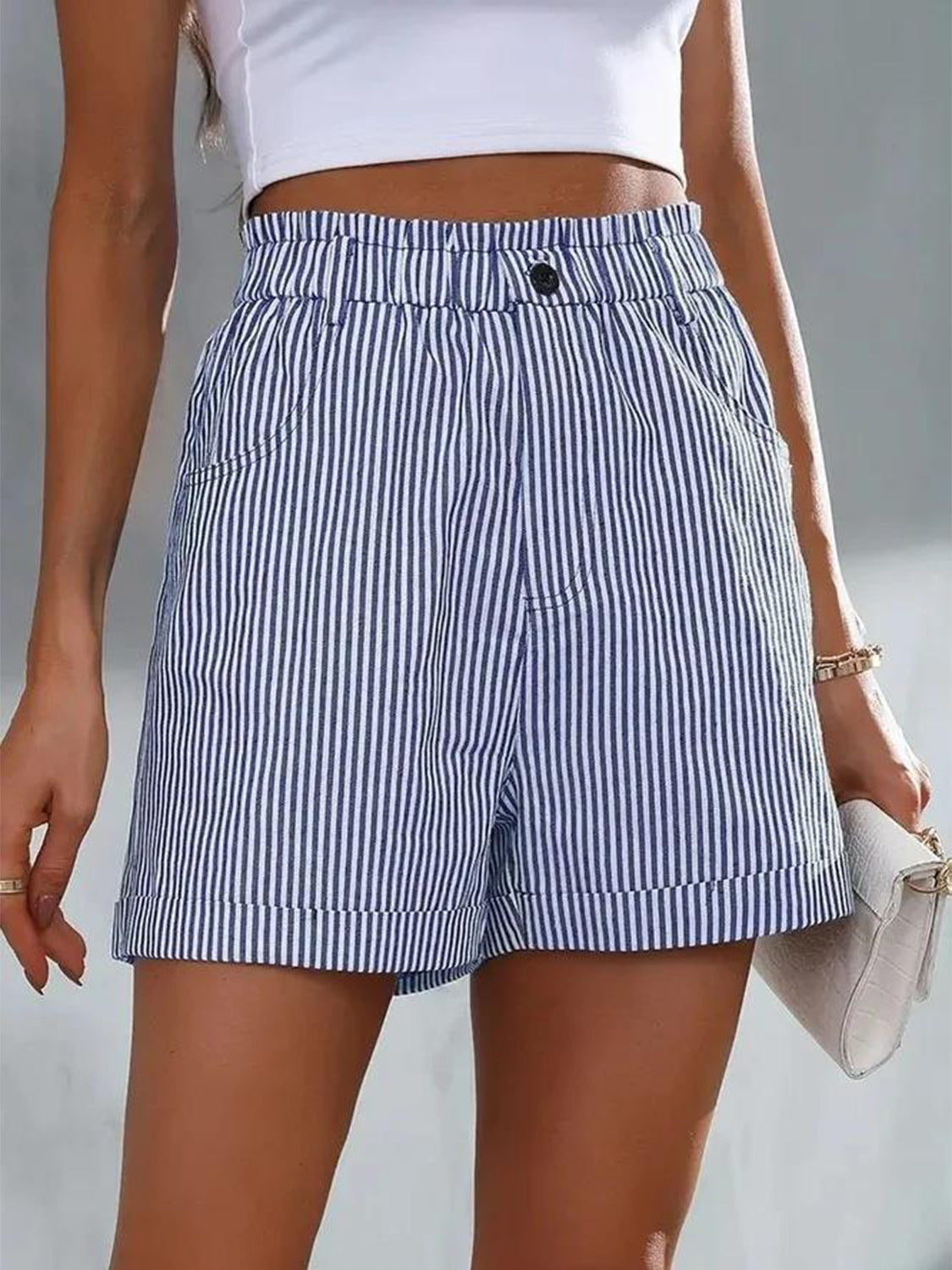 Full Size Striped Shorts with Pockets - Babbazon new