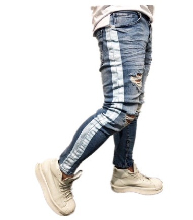 European and American trend explosion models men's tight blue hole denim pants