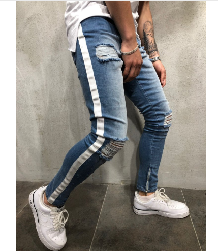 European and American trend explosion models men's tight blue hole denim pants