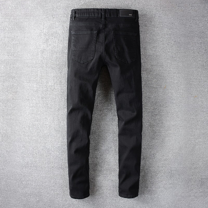 High Street Tide Brand Black Colorful Patches Beggar Pants Slim Feet Denim