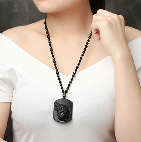 Obsidian Wolf Head Bagua Side Buddha Necklace