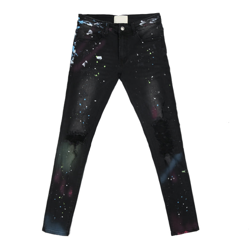 Splashed graffiti ripped stretch-leg jeans