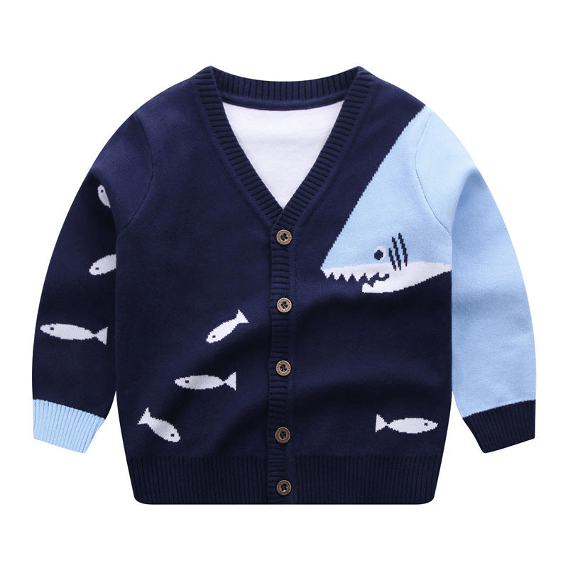 Small fish V-neck single breasted sweater for children