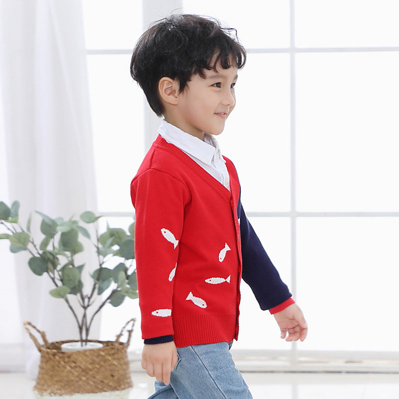 Small fish V-neck single breasted sweater for children