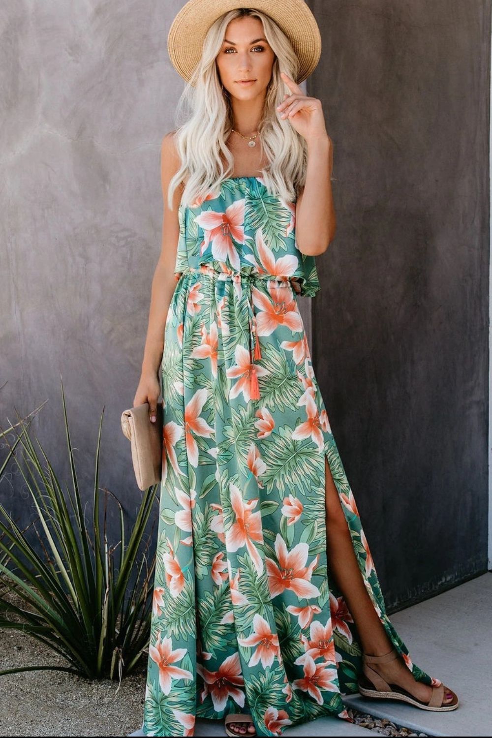 Slit Tropical Sleeveless Tube Dress - Babbazon New Products