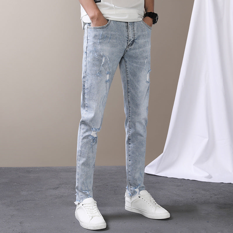 Light-colored hole high-end stretch jeans