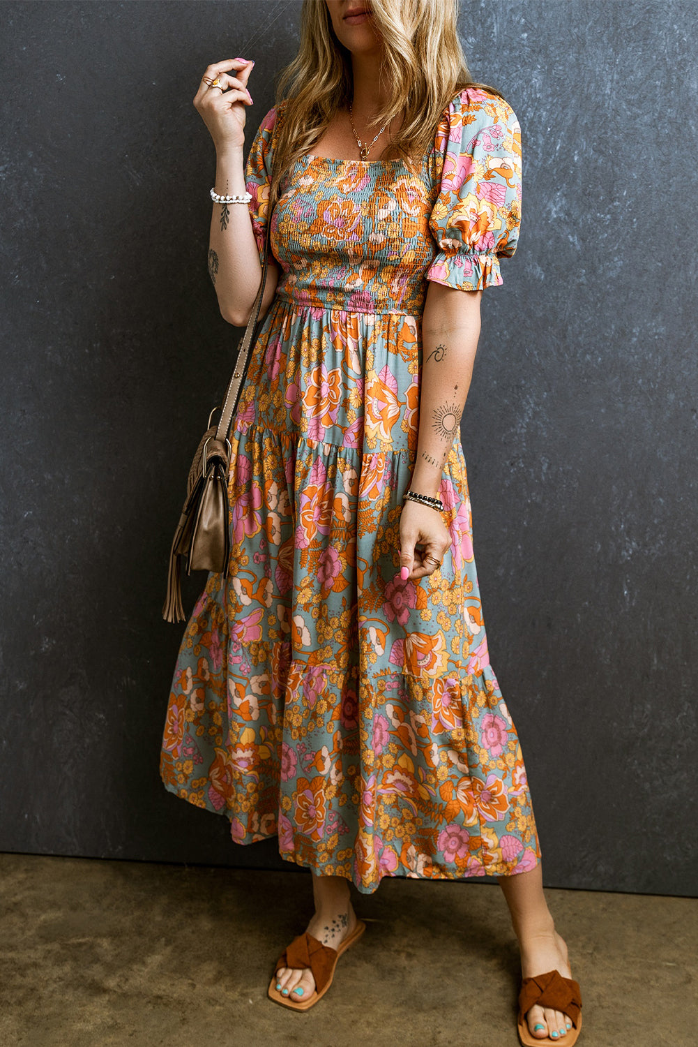 Yellow Smocked Bodice High Waist Puff Sleeve Floral Dress - Babbazon Maxi Dresses