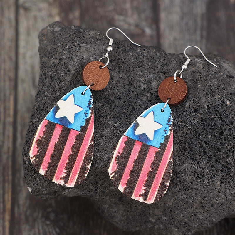 Star & Stripes Wooden Dangle Earrings 