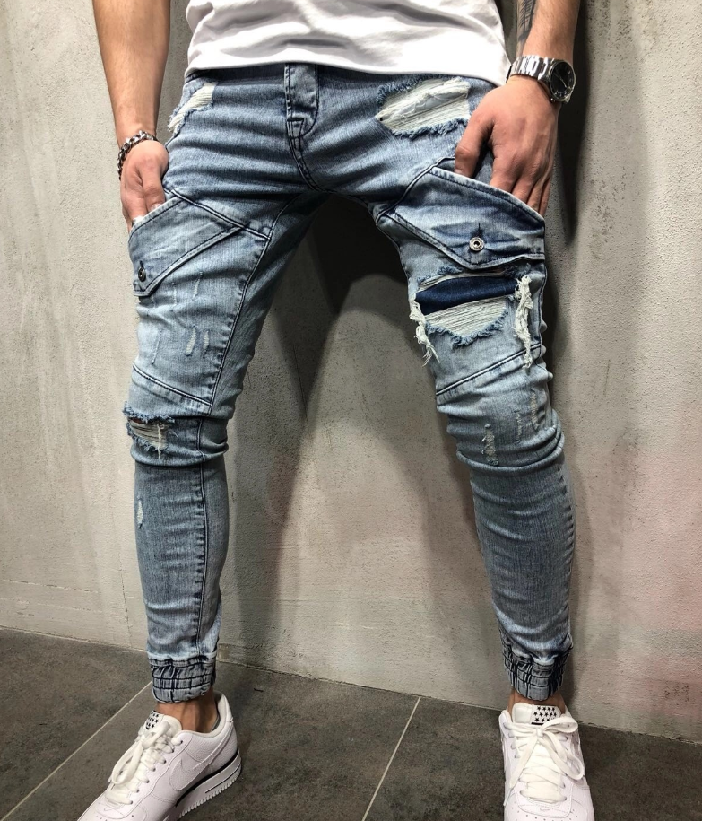 Cross-border foreign trade explosion models new men's slim jeans black hole men's denim beam blue feet pants