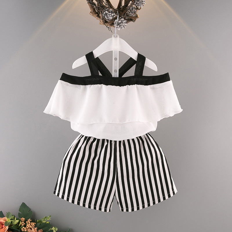 Korean Children's Striped Off Shoulder Short Sleeve Suit