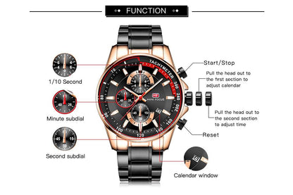 Fashion steel belt speed men's watch three eye timing calendar luminous waterproof quartz watch