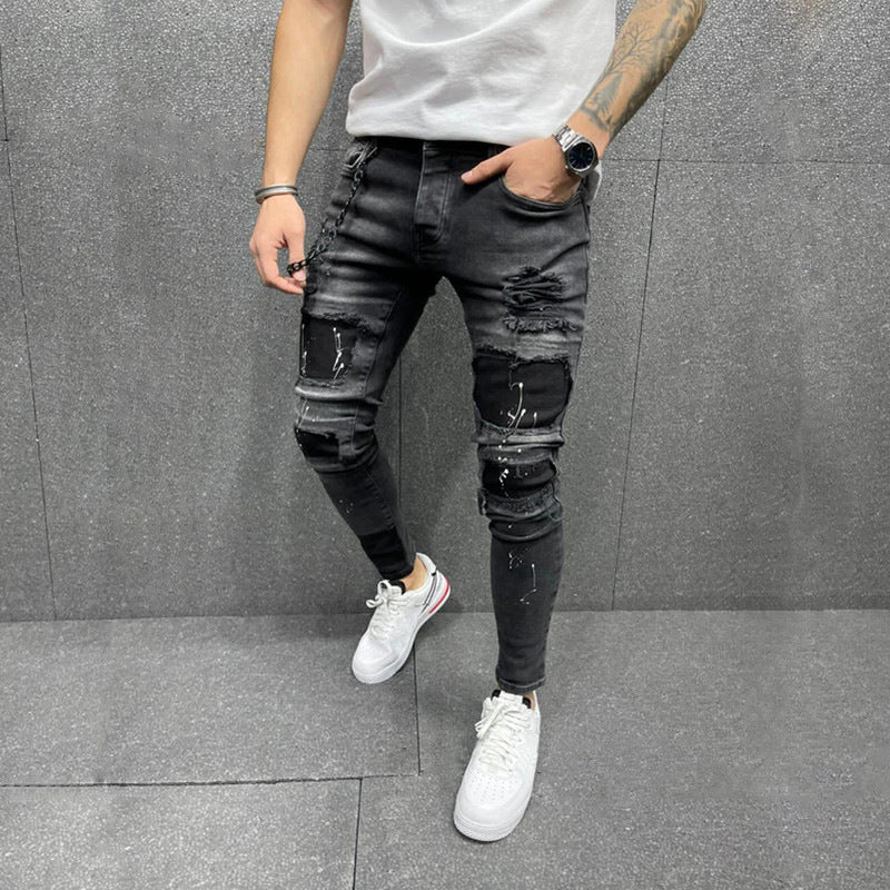 Men's New Patch Ripped Elastic Skinny Jeans