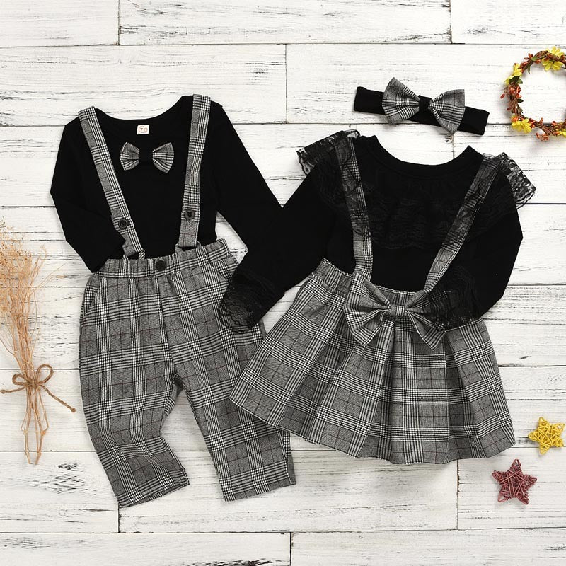 Girls Plaid Strap Lace Lace Skirt Suit Boy Pants Suit