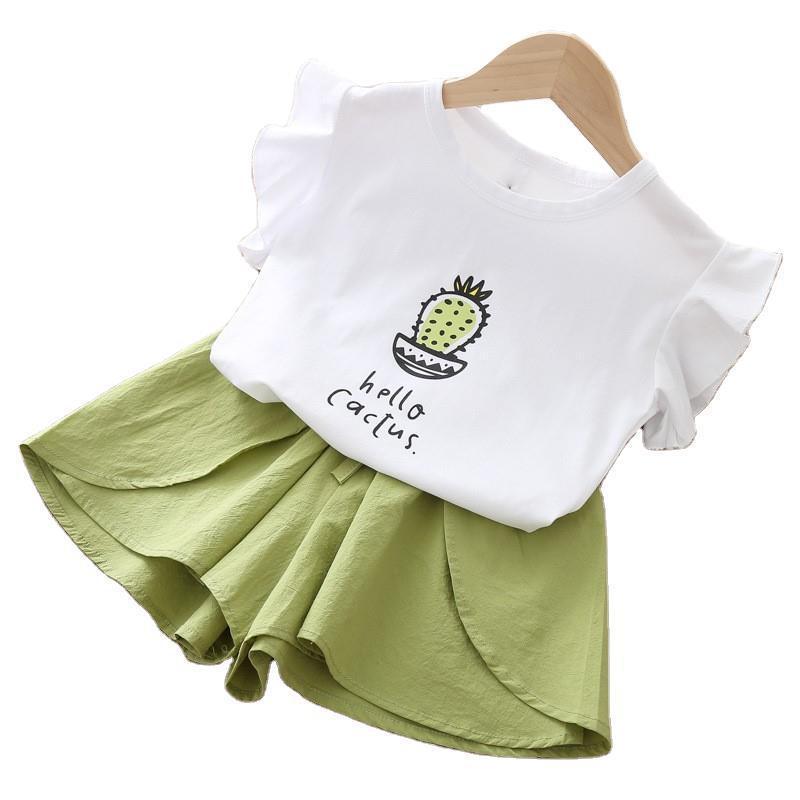 Two-piece Baby Girl Flying Sleeves Cactus Print Blouse And Culottes