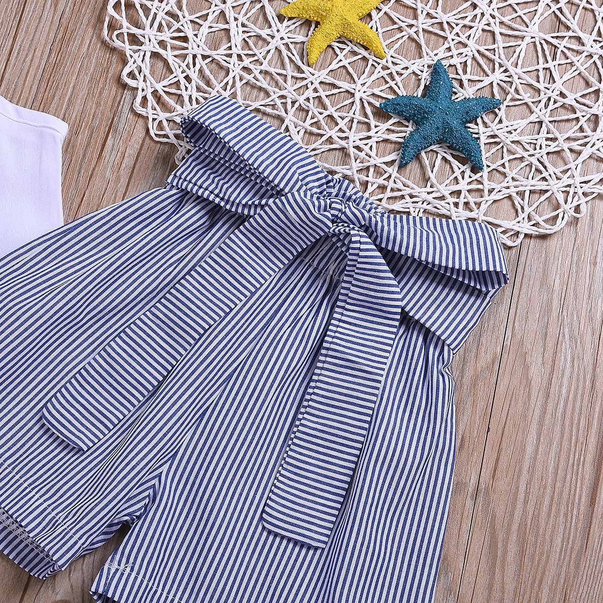 Sleeveless Bow Top  Striped Shorts Suit