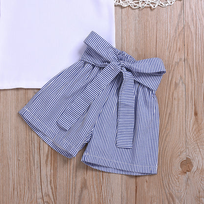 Sleeveless Bow Top  Striped Shorts Suit