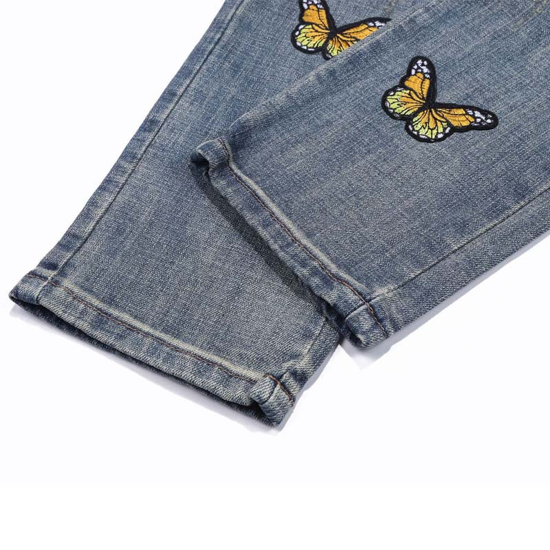 Fashion Butterfly Embroidered Distressed Distressed Slim Fit Jeans