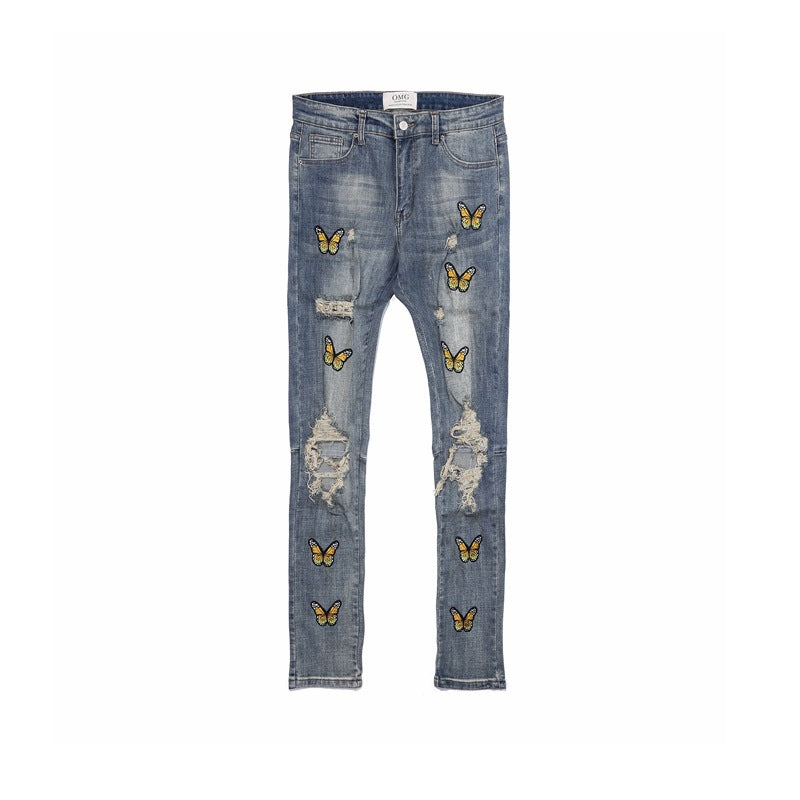 Fashion Butterfly Embroidered Distressed Distressed Slim Fit Jeans