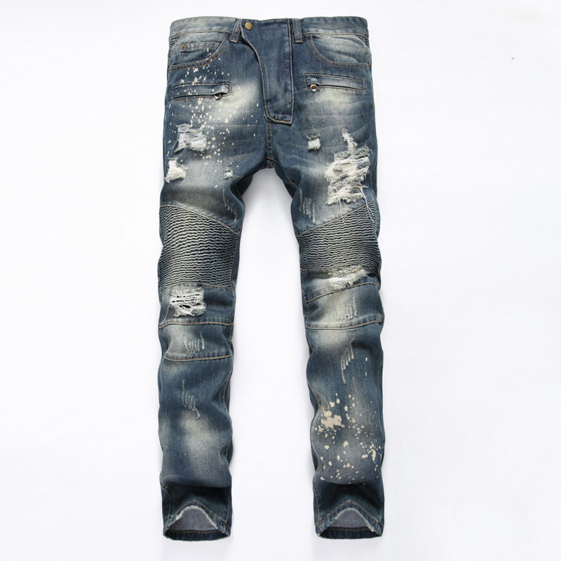 Ripped Motorcycle Slim-Fit Straight-Leg Plus Size Men's Jeans