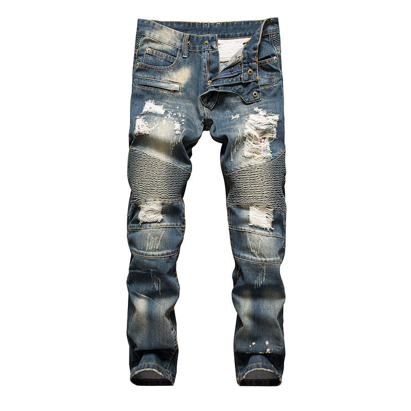 Ripped Motorcycle Slim-Fit Straight-Leg Plus Size Men's Jeans