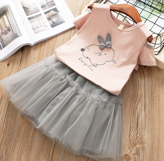 Rabbit Off-shoulder Short-sleeved T-shirt Puffy Skirt Suit