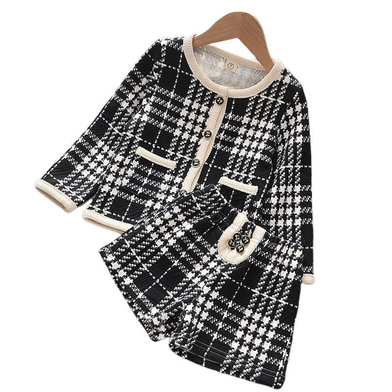 Children's Suit Girls Western Style Small Fragrant Black Plaid Pattern Jacket Shorts Two-piece Suit