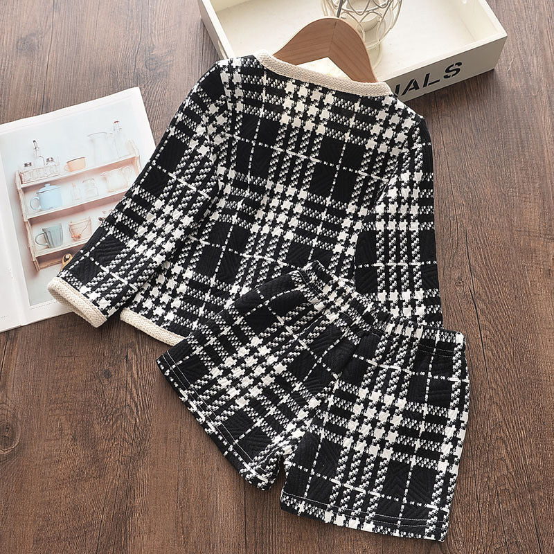 Children's Suit Girls Western Style Small Fragrant Black Plaid Pattern Jacket Shorts Two-piece Suit