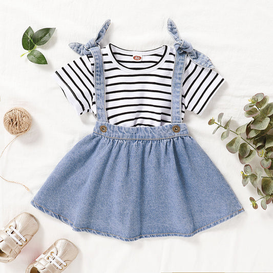 Girls' Striped Short-sleeved Blouse And Suspender Skirt Suit