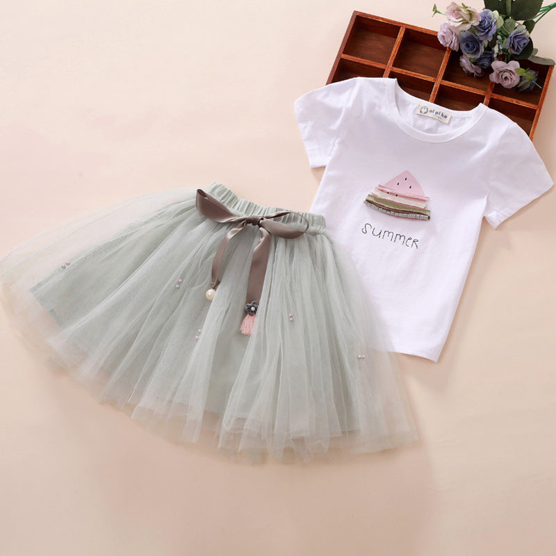 New Children's Women's Short Sleeved T Shirt And Skirt Two Piece Suit