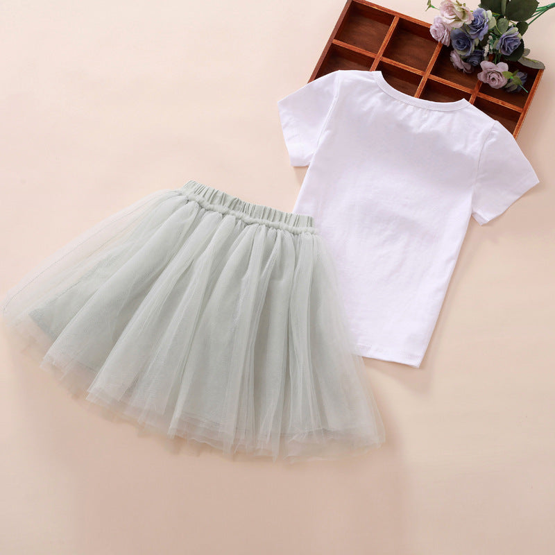 New Children's Women's Short Sleeved T Shirt And Skirt Two Piece Suit