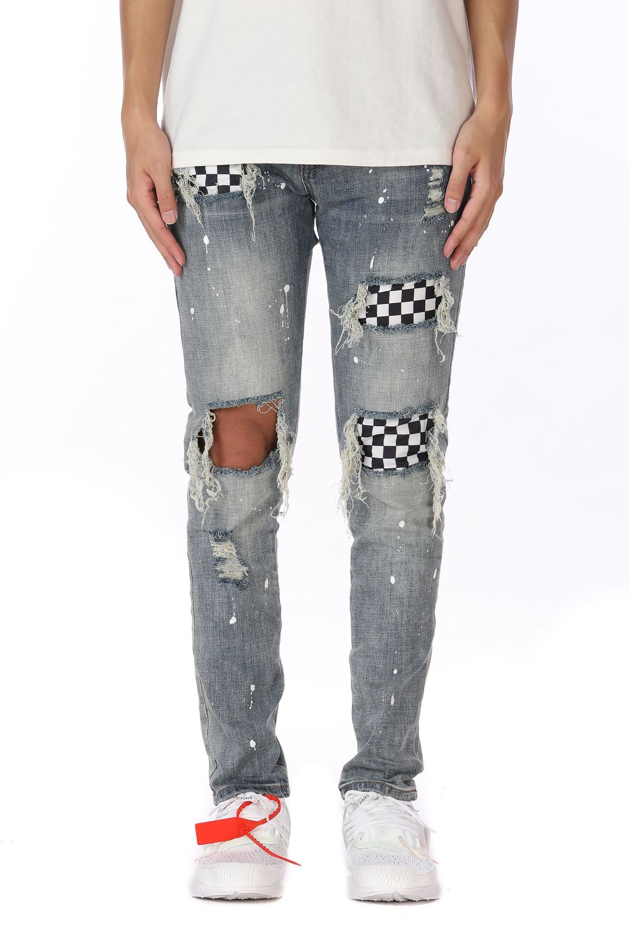 Checkered Checkerboard, Ripped Holes, Slim-Fit Micro-Elastic Jeans