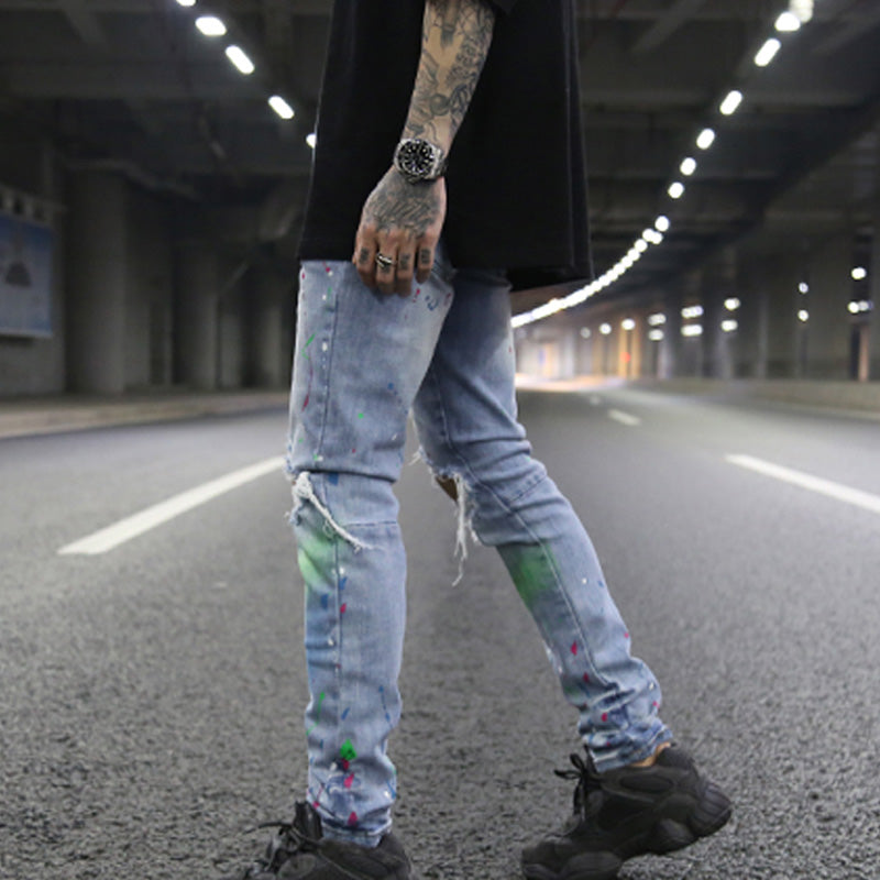 Colored Ink Graffiti Ripped Slim Stretch Jeans