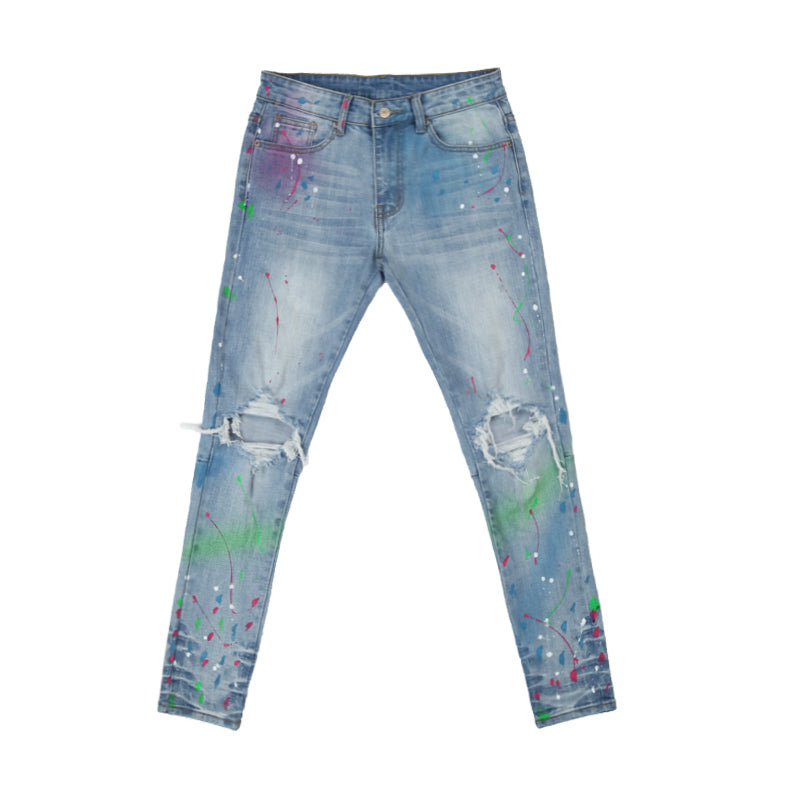 Colored Ink Graffiti Ripped Slim Stretch Jeans