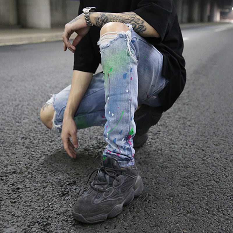 Colored Ink Graffiti Ripped Slim Stretch Jeans