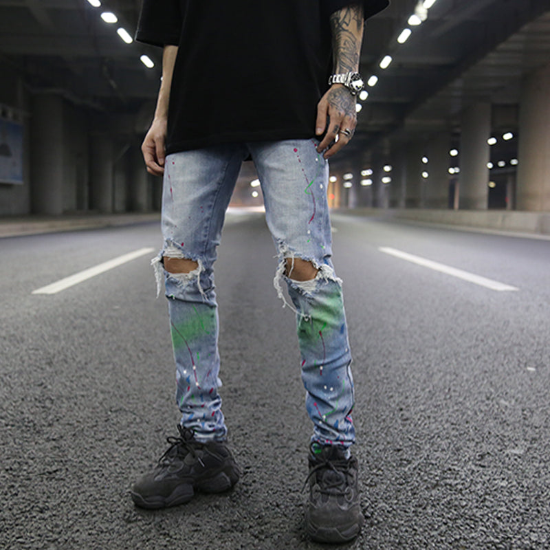 Colored Ink Graffiti Ripped Slim Stretch Jeans