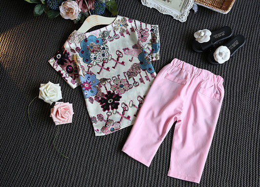 Girls' Printed Short-Sleeved Blouse, Cropped Trousers, Casual Fashion Two-Piece Suit