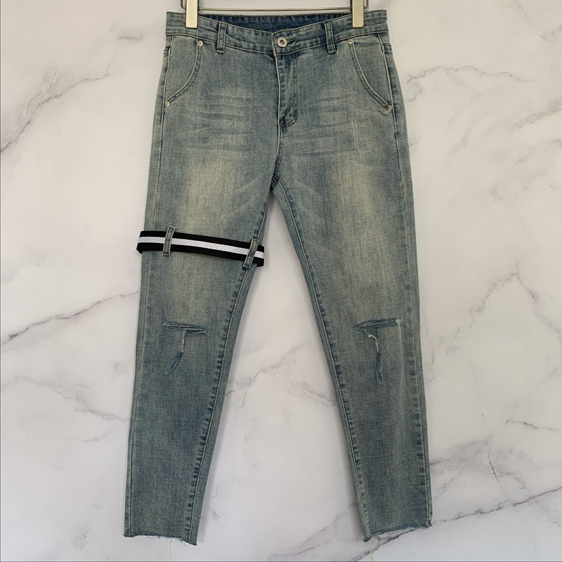 Ripped T-Knife Cut Jeans Cropped Trousers